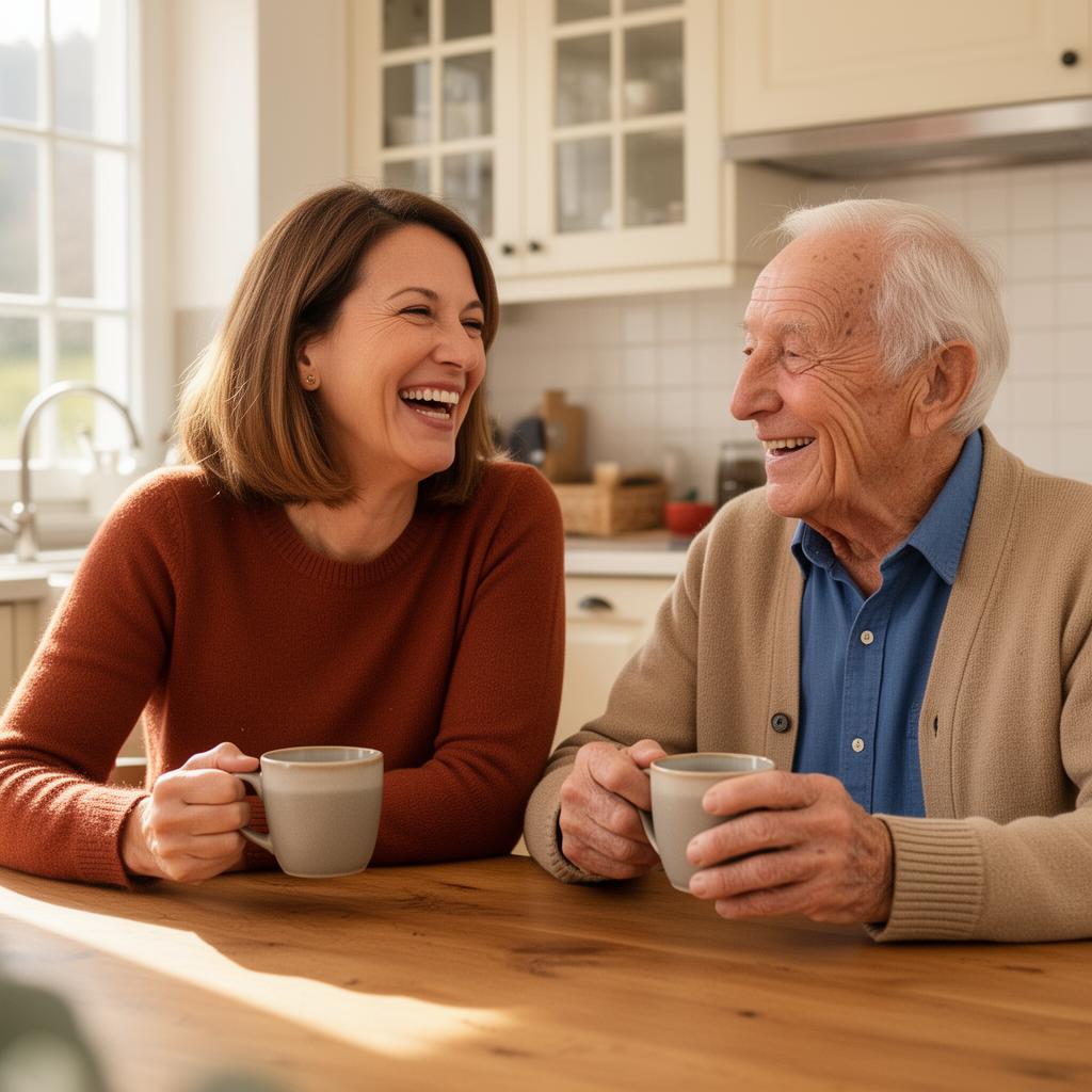 Betreuerin und Senior lachen gemeinsam am Küchentisch beim Kaffee