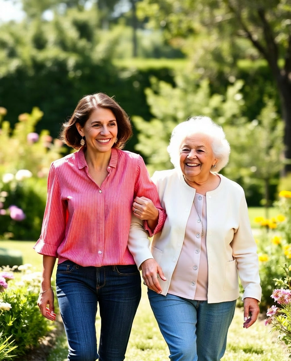 Betreuerin spaziert lachend mit einer Seniorin durch den Garten